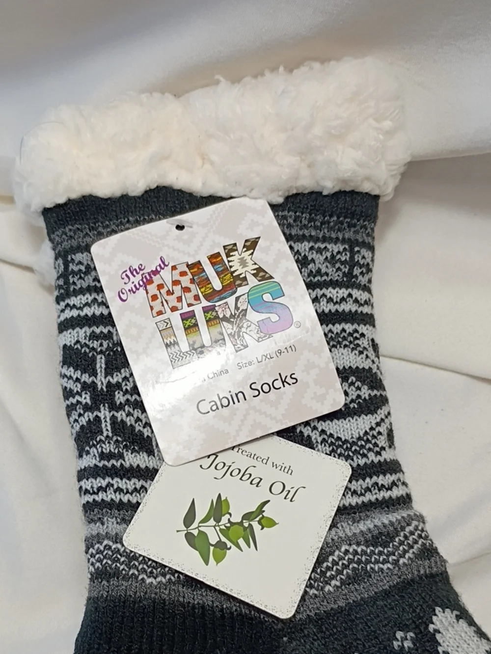 NWT MUK LUKS JOJOBA INFUSED FAUX SHEARLING LINING CABIN SOCKS-BLACK WINTER L/XL